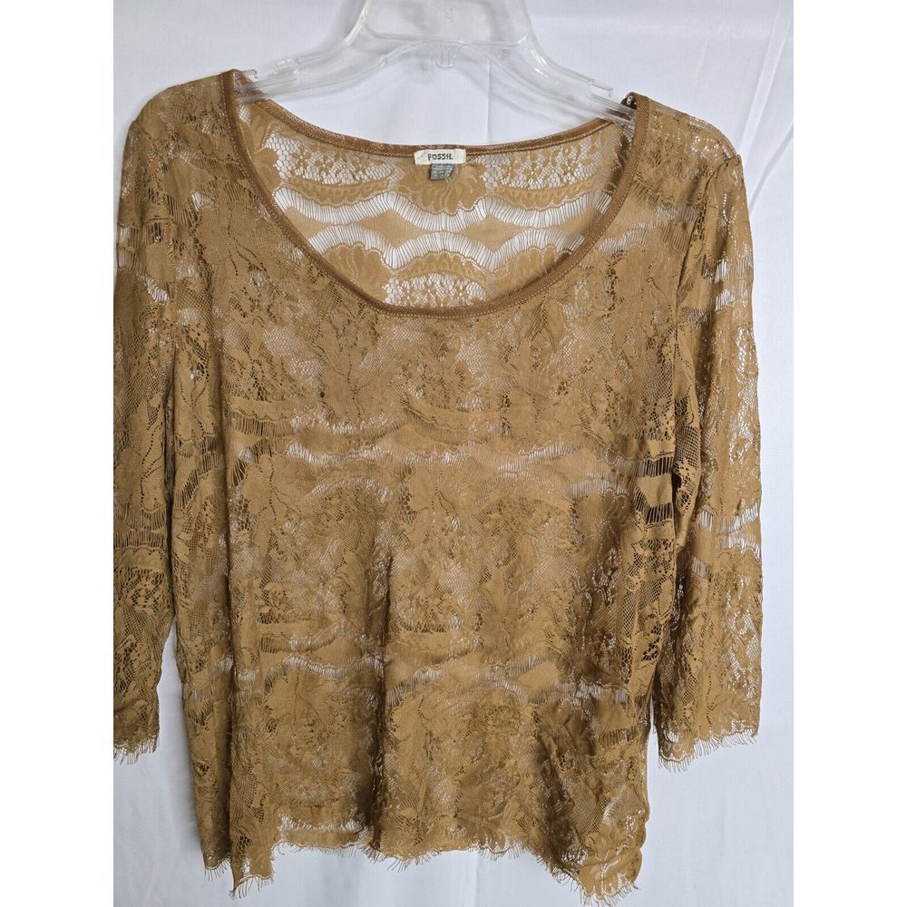 Fossil Brown Lace‎ Sheer Blouse Long Sleeve Top Size Medium